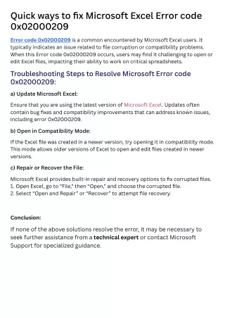 Quick ways to fix Microsoft Excel Error code 0x02000209