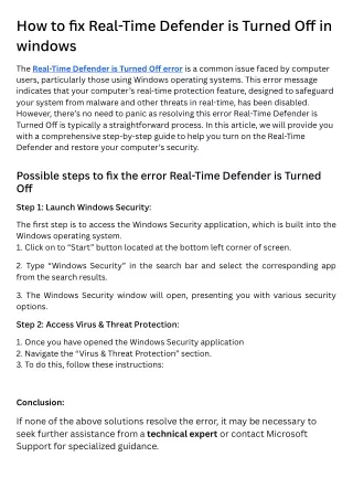 How to fix Real-Time Defender is Turned Off in windows