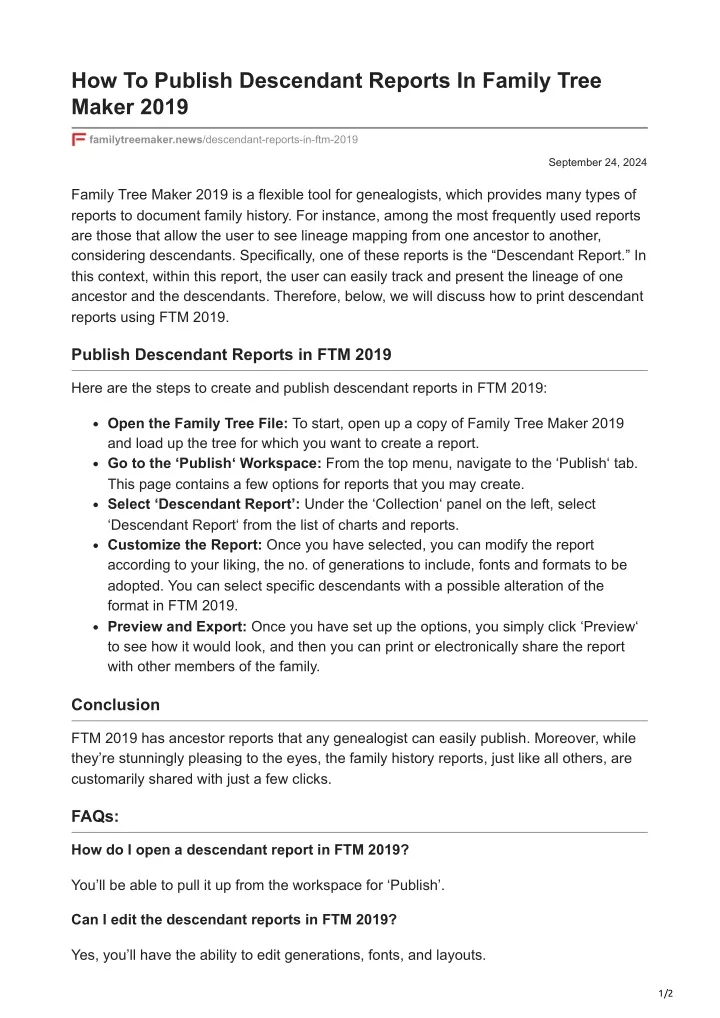 how to publish descendant reports in family tree