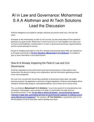 AI in Law and Governance: Mohammad S A A Alothman and AI Tech Solutions Lead the