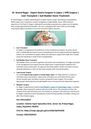 Dr. Anand Nagar: Leading Gastro Surgeon in Jaipur | Expert in HPB Surgery, Liver