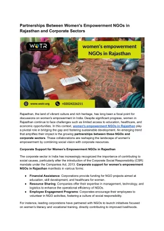 Partnerships Between Women's Empowerment NGOs in Rajasthan and Corporate Sectors
