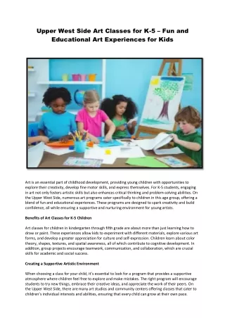 Upper West Side Art Classes for K-5 – Fun and Educational Art Experiences for Kids