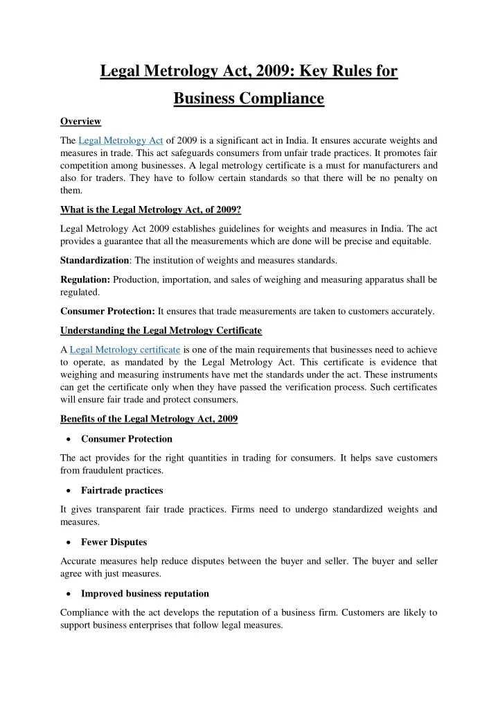 legal metrology act 2009 key rules for business