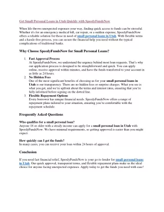 Get Small Personal Loans in Utah Quickly with SpeedyFundsNow
