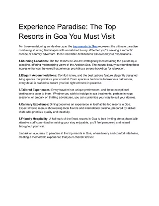 Top 5 Resorts in Goa for Paradise Stay