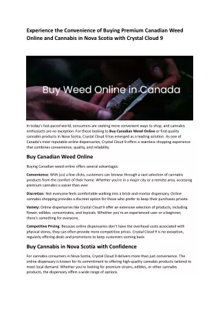 Experience the Convenience of Buying Premium Canadian Weed Online and Cannabis in Nova Scotia with Crystal Cloud 9