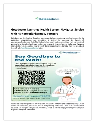 Gotodoctor Launches Health System Navigator Service with its Network Pharmacy Partners