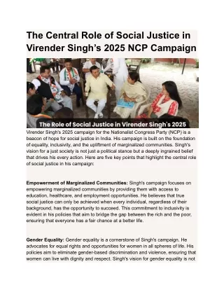The Central Role of Social Justice in Virender Singh’s 2025 NCP Campaign