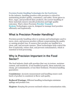 Precision Powder Handling Technologies for the Food Sector