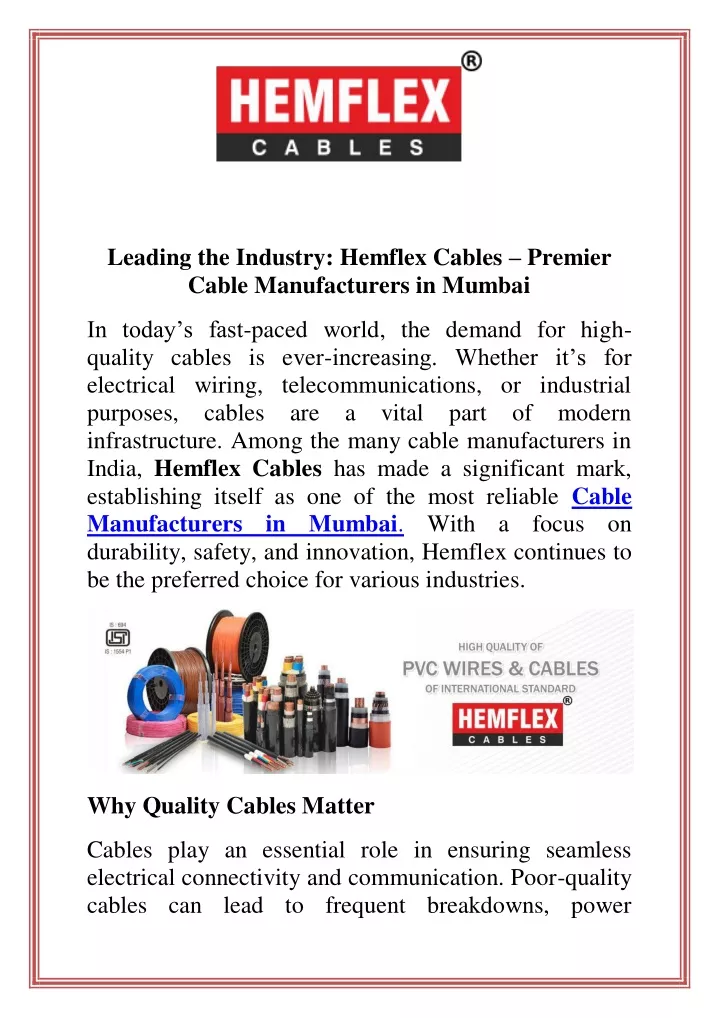 leading the industry hemflex cables premier cable