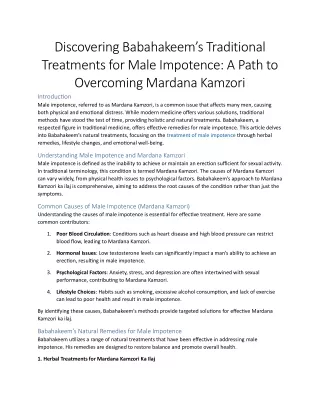 Traditional Treatments for Male Impotence: A Path to Overcoming Mardana Kamzori