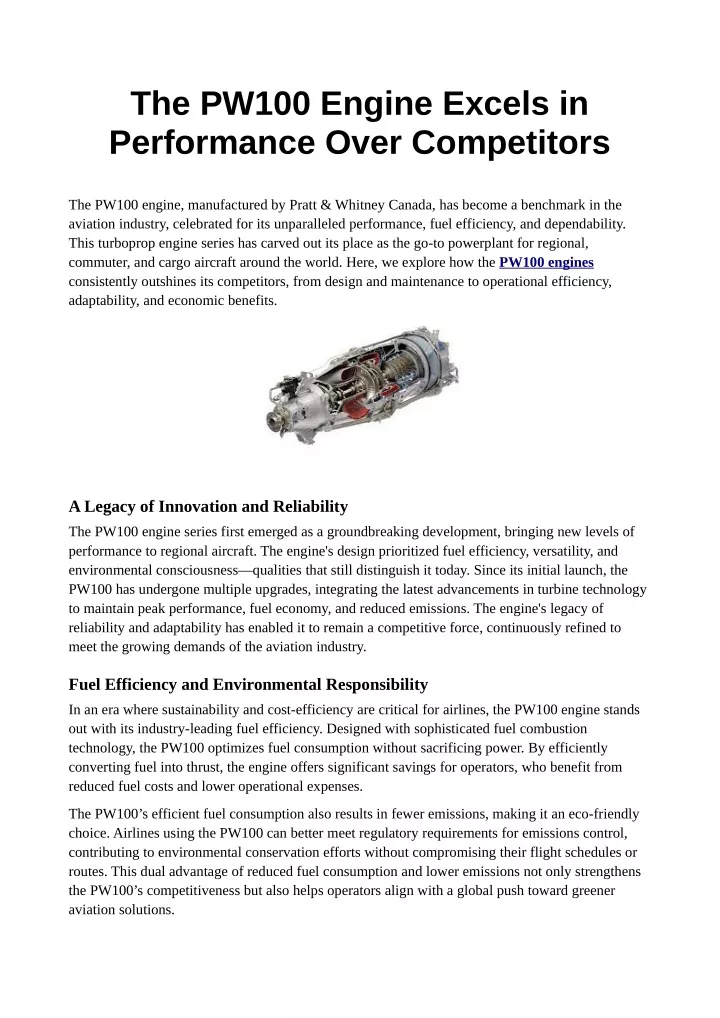 the pw100 engine excels in performance over