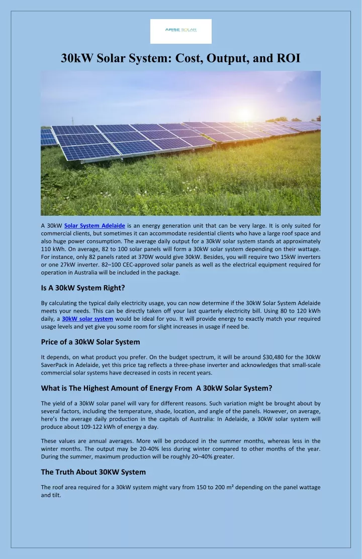 30kw solar system cost output and roi