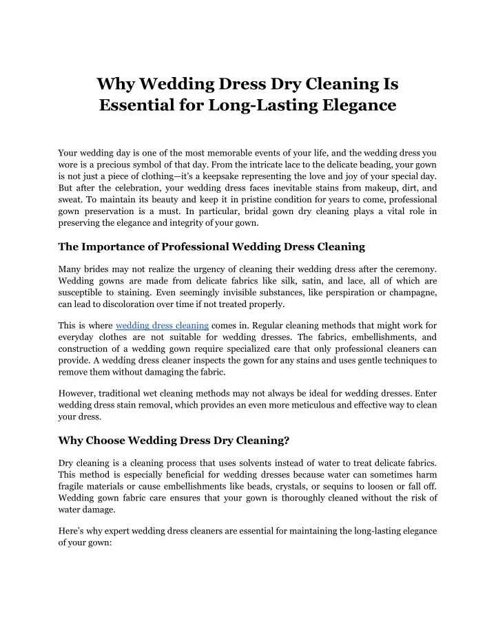 why wedding dress dry cleaning is essential