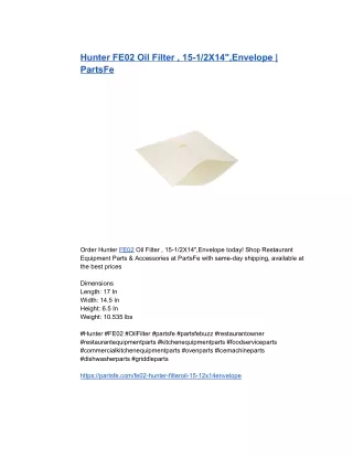 Hunter FE02 Oil Filter , 15-1_2X14_,Envelope _ PartsFe