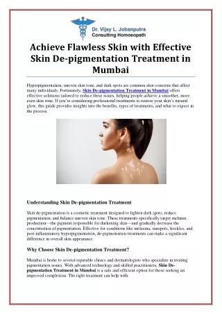Effective Skin De-pigmentation Treatment in Mumbai for Flawless Skin