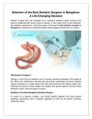 Selection of the Best Bariatric Surgeon in Bangalore A Life-Changing Decision