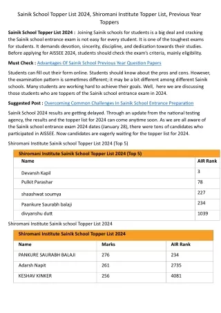 Sainik School Topper List 2024