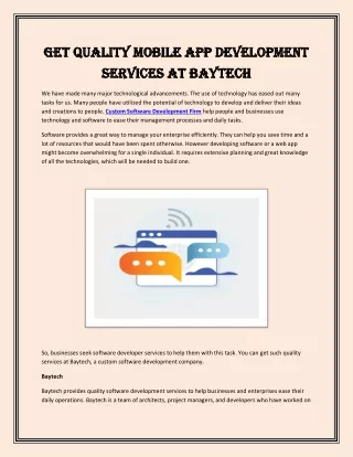 Get Quality Mobile App Development Services at Baytech