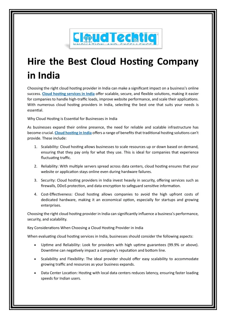 hire the best cloud hosting company in india