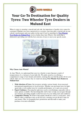Your Go-To Guide for Two Wheeler Tyre Dealers in Mulund East