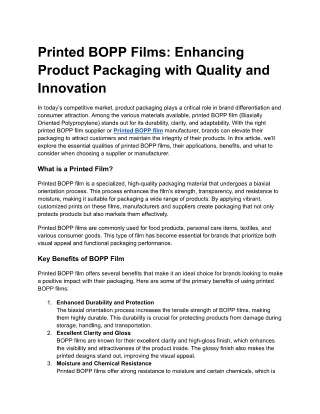 Printed BOPP Films: Enhancing Product Packaging with Quality and Innovation