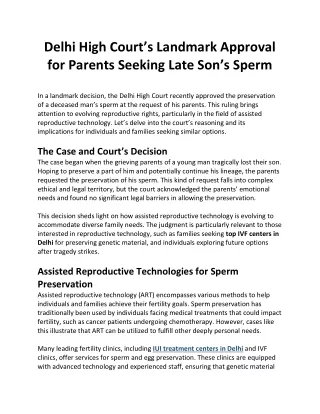 Delhi High Court’s Landmark Approval for Parents Seeking Late Son’s Sperm