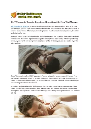 RMT Massage in Toronto: Experience Relaxation at St. Clair Thai Massage