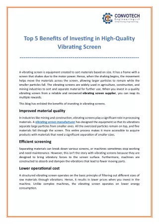 Top 5 Benefits of Investing in High-Quality Vibrating Screen