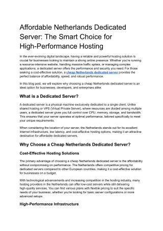 Affordable Netherlands Dedicated Server_ The Smart Choice for High-Performance Hosting
