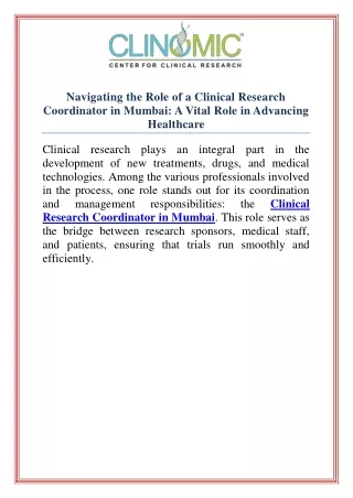 Navigating the Role of a Clinical Research Coordinator in Mumbai A Vital Role in Advancing Healthcare