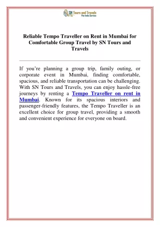 Reliable Tempo Traveller on Rent in Mumbai for Comfortable Group Travel by SN Tours and Travels