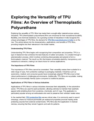 Exploring the Versatility of TPU Films: An Overview of Thermoplastic Polyurethan