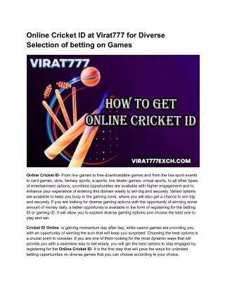 Online Cricket ID at Virat777 for Diverse Selection of betting on Games