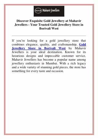 Discover Exquisite Gold Jewellery at Mahavir Jewellers Your Trusted Gold Jewellery Store in Borivali West