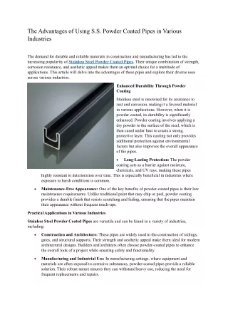 The Advantages of Using S.S. Powder Coated Pipes in Various Industries
