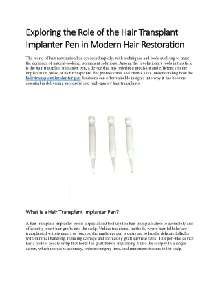 The Role of the Hair Transplant Implanter Pen in Modern Restoration