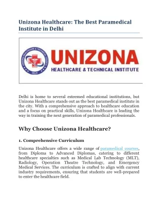 Unizona Healthcare- The Best Paramedical Institute in Delhi