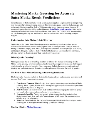 Mastering Matka Guessing for Accurate Satta Matka Result