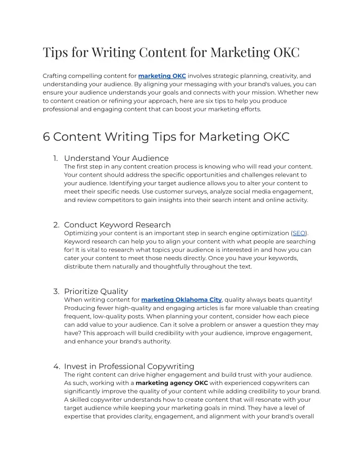 tips for writing content for marketing okc