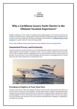 Why a Caribbean Luxury Yacht Charter is the Ultimate Vacation Experience?