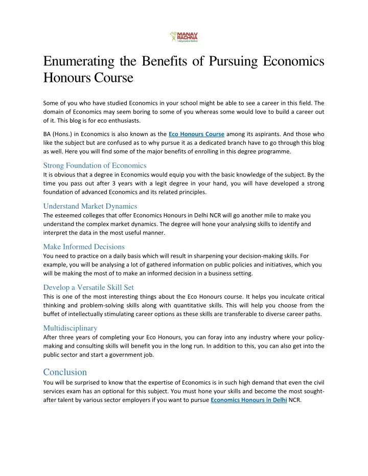 enumerating the benefits of pursuing economics