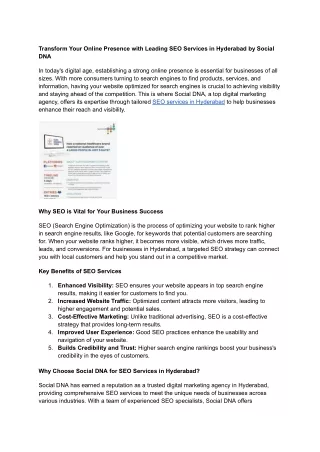 Transform Your Online Presence with Leading SEO Services in Hyderabad by Social DNA