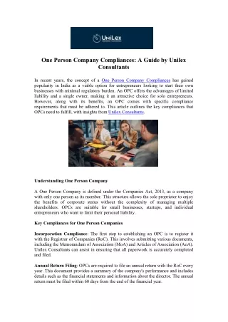 Master One Person Company Compliances: Get Expert Help from Unilex Consultants