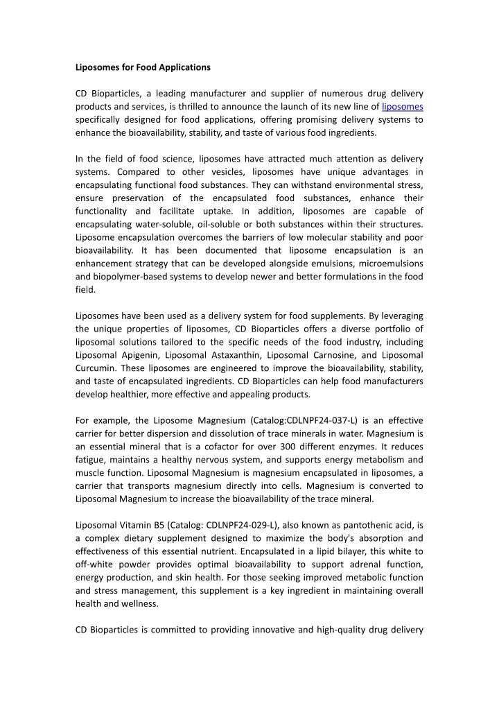 liposomes for food applications