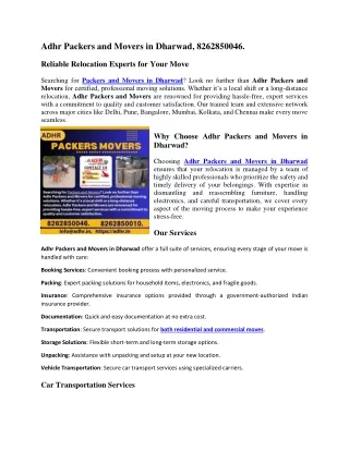 adhr packers and movers in dharwad 8262850046
