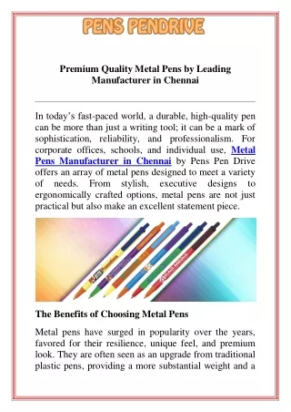 Premium Quality Metal Pens by Leading Manufacturer in Chennai