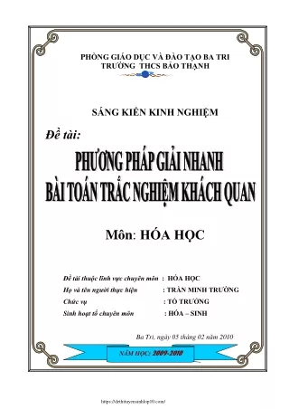 Phương pháp giải nhanh bài toán trắc nghiệm khách quan môn Hóa học