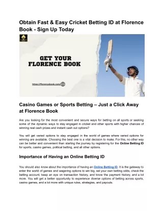 Obtain Fast & Easy Cricket Betting ID at Florence Book - Sign Up Today